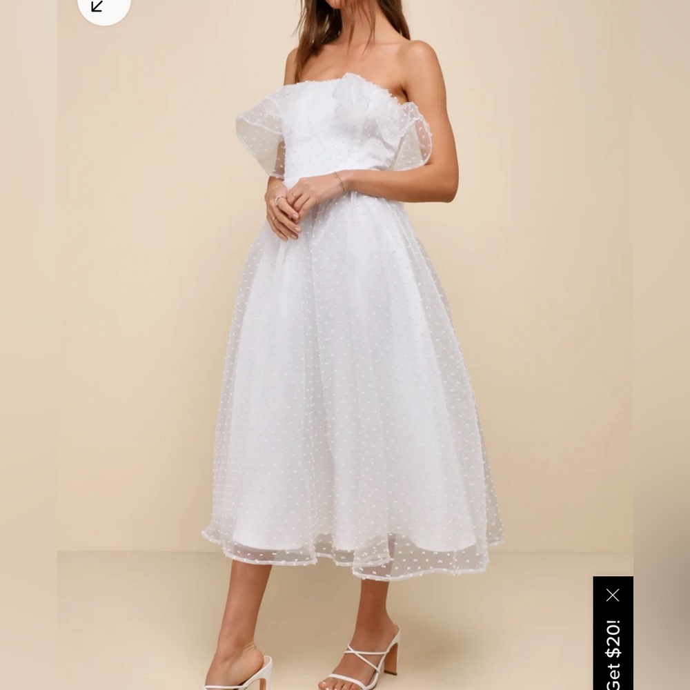 Lulu’s Blissful Ideal White Strapless Ruffled Swiss Dot Dress